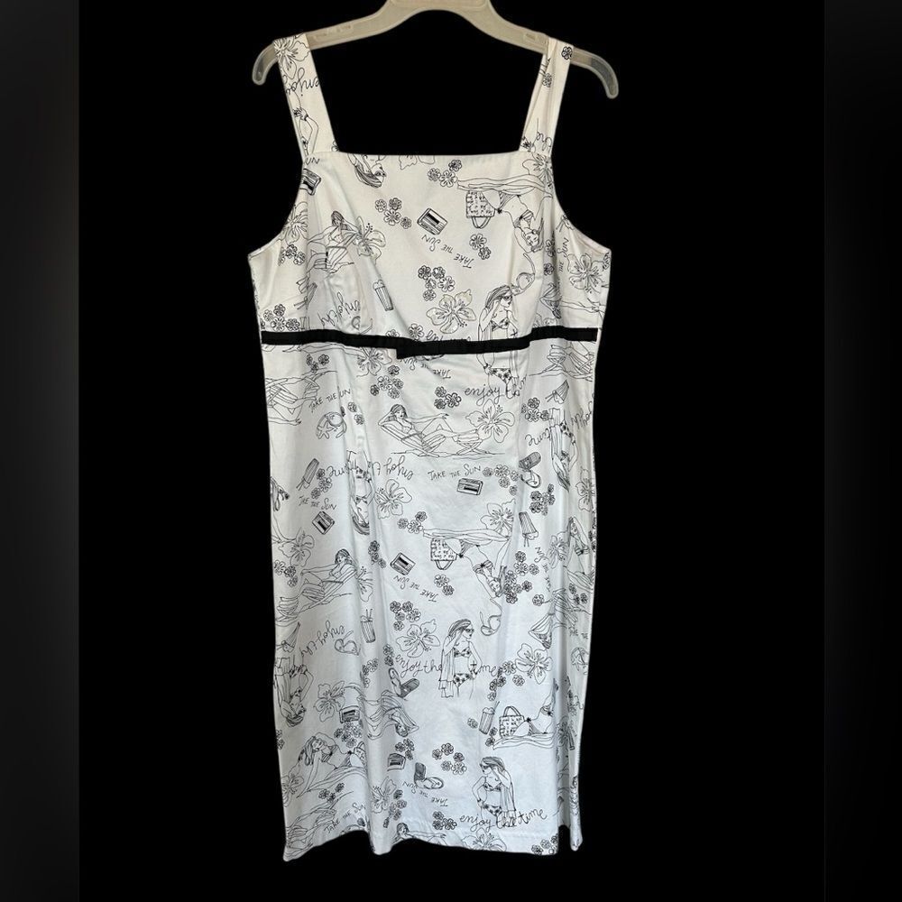 R&K Sleeveless White Black Beach Graphics Milkmaid Sequin Fit & Flare Dress 14W